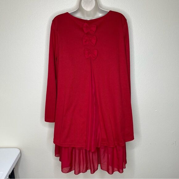 CL Shang Collection Red Rib Knit Chiffon Bow Back Ruffle Tiered Dress Women XL - Picture 7 of 14